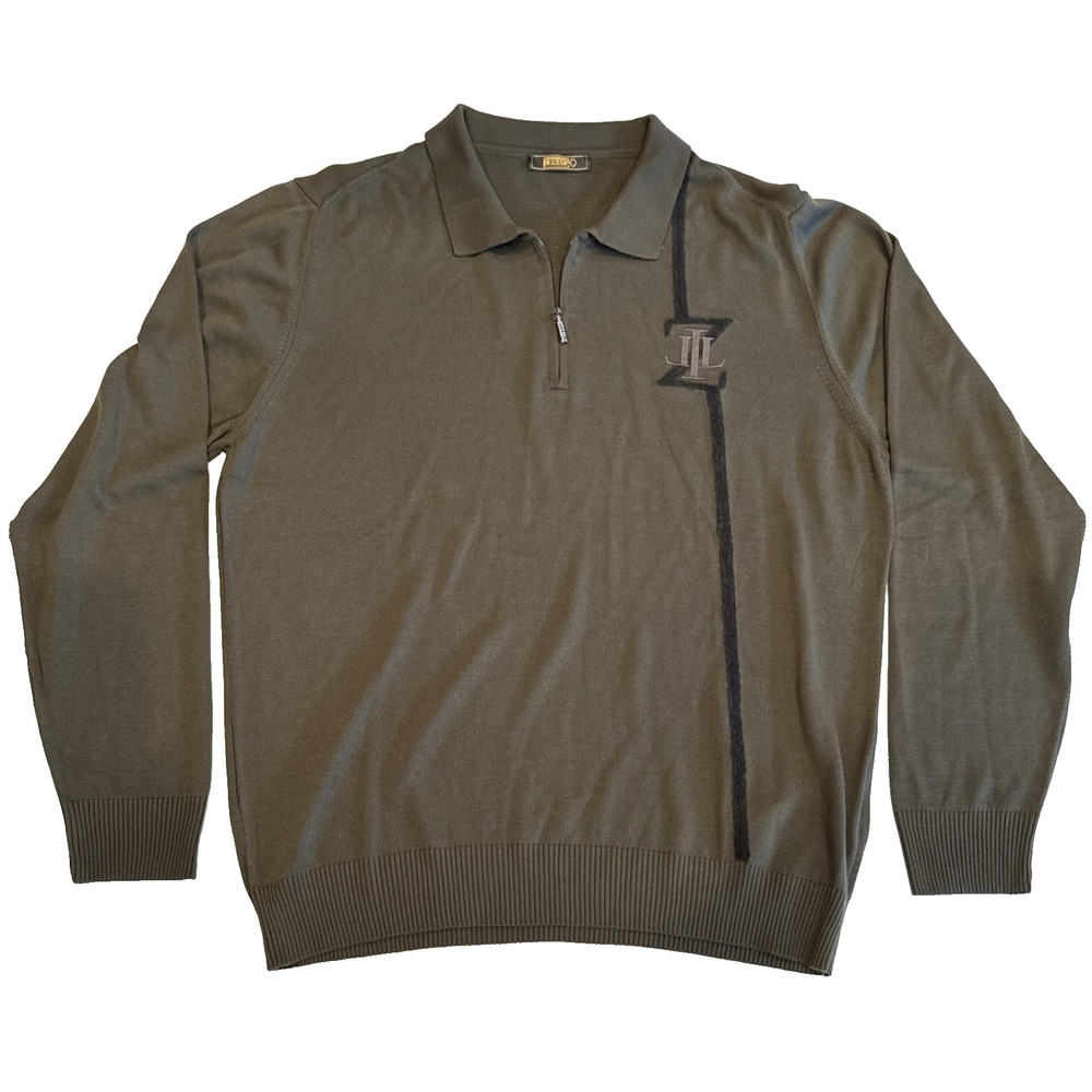 Zilli 1/4 Zip Pullover Men 3XL Olive Green Excellent Logo Stripe Knit Sweater